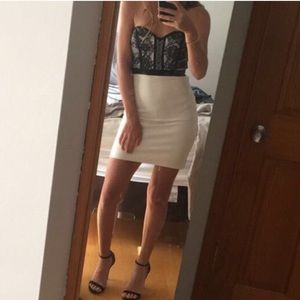 Black lace and white strapless homecoming dress